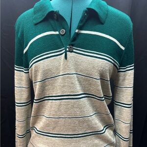Green and Cream Striped Crewneck Sweater